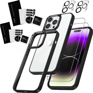 Case for iPhone 15 Pro Max Housing Case 2x screen glass and 2x lens armored Alogy 360 Hybrid Set 5in1 black and transparent