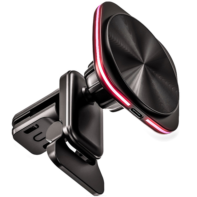 Držiak na mriežku do auta s nabíjačkou Mag Safe 15w pre iPhone LED PD QC 3.0 do vetracieho otvoru auta Alogy black