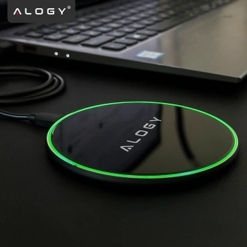 QI wireless inductive charger 15W fast LED Alogy round for iPhone USB-C cable Black