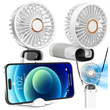 Bezdrátový přenosný stolní ventilátor Alogy CoolBreeze™ s držákem na telefon, nabíjením přes USB-C, baterií 18650 – bílý
