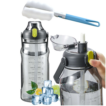 Fľaša, fľaša na pitnú vodu so slamkou, 1,5l, motivačná, s pripomienkou, s motivačnou mierou, s rúčkou, Čierna kefa na umývanie