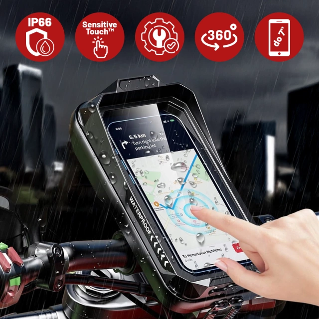 Motorcycle Bike Phone Holder Bag for Phones up to 7" Waterproof IP66 with Touchscreen, with Cable Port, for Motorcycles, Bikes, Scooters, Kewigs - Black