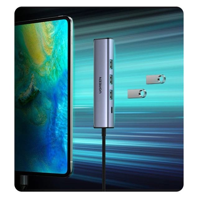 HUB UGREEN multifunctional adapter HUB USB 3.0 - 3 x USB / Ethernet RJ-45 / USB Type C PD gray (CM475)