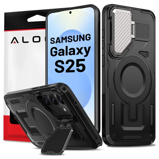 Etui do Samsung Galaxy S25 Case do MagSafe Wzmocniona Pancerna ochrona obiektywów z funkcją podstawki obudowa ochronna na telefon Alogy HeavyDuty Mag™️Czarne