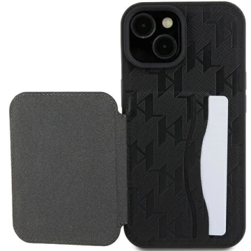 Etui Karl Lagerfeld KLHCP15SSAKCNSCK pro iPhone 15 6,1" černé/černé pevné pouzdro Saffiano sloty pro karty a stojan Monogram Choupette