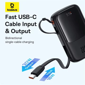 Powerbanka Baseus Qpow Pro 10000mAh 22,5W s vestavěným USB-C kabelem a displejem - černá