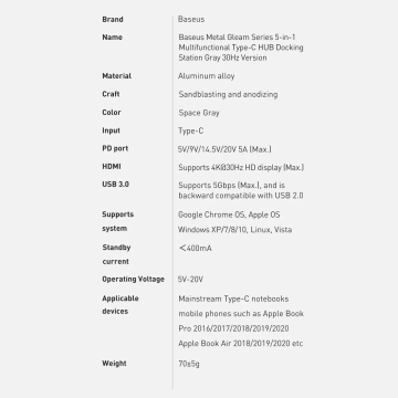 Baseus Metal Gleam Series multifunkčný USB HUB 5v1 USB Type C PD 100W HDMI šedý (WKWG020013)