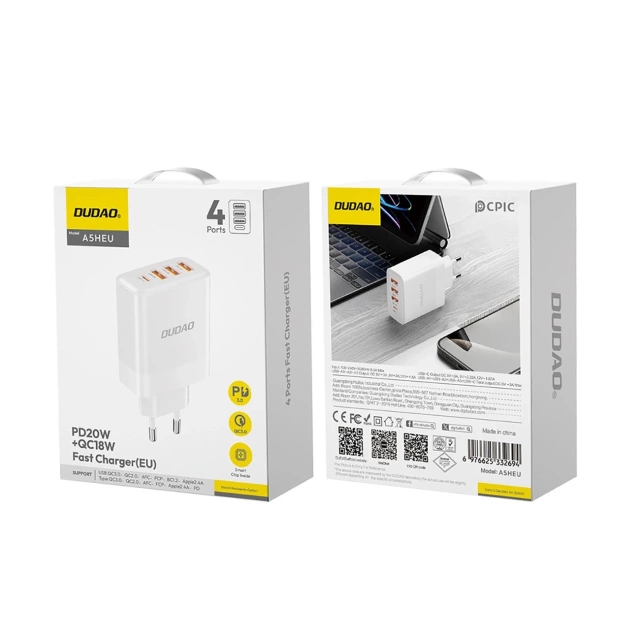 Ładowarka Dudao A5HEU 20W 3x USB-A + USB-C PD QC 3.0 Biała