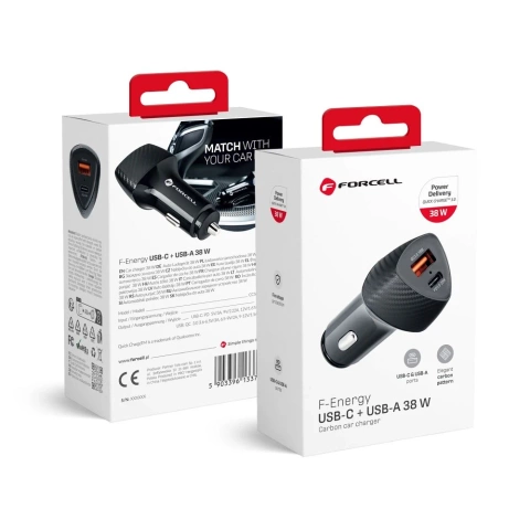 Forcell Carbon Car Charger 38W PD QC USB-C USB 2x Fast