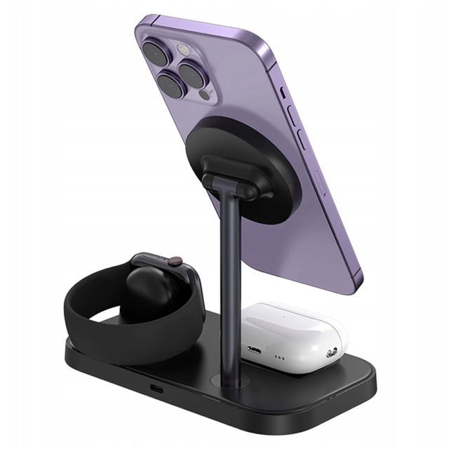 Qi Mag Safe 15W inductive charger for iPhone Apple Watch AirPods 3in1 wireless stand station Black