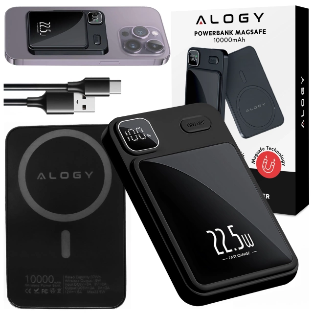 PowerBank Alogy MagCharge 22.5W PD20W PowerDelivery Fast Charging 10000mAh Wireless for MagSafe Black