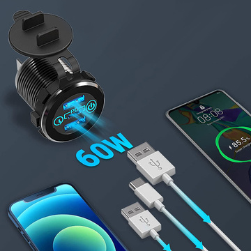 LED nabíječka do auta zásuvka Alogy Mini nabíječka do auta pro motocykl Konektory napájecího adaptéru Alogy 2x USB QC 3.0 USB-C PD 60W