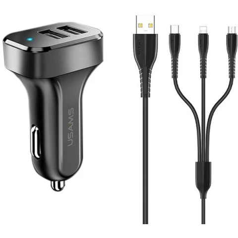 USAMS Car charger 2xUSB C13 2.1A 3in1 (microUSB/USB-C/lightning) black/black NTU35YTSC13TZ