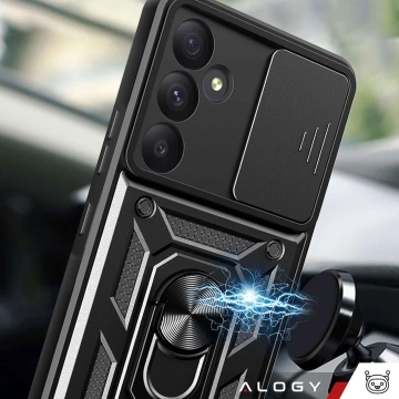 Puzdro pre Samsung Galaxy S25, obrnené, vysúvacie, krúžkové, s ochranou fotoaparátu, Camshield, Alogy, čierne sklo