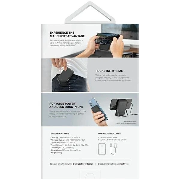 Powerbank UNIQ Hoveo Magnetyczny 5000mAh 20W PD USB-C Różowy