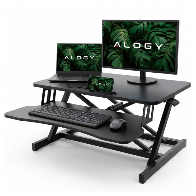 Standing desk with pneumatic lift 60×80 cm - height adjustment 11–51 cm, two-level, foldable, ideal for home office - Alogy LiftDesk™ Black