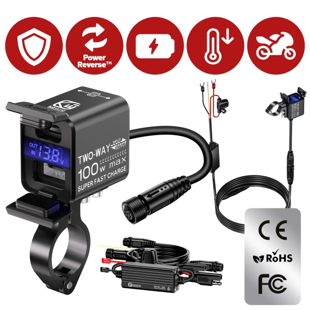 Kewig Motorradladegerät, universelles Aluminium-Ladegerät, 100 W, bidirektional mit Voltmeter, Schnellladefunktion über USB-A und USB-C, intelligent und wasserdicht – Schwarz