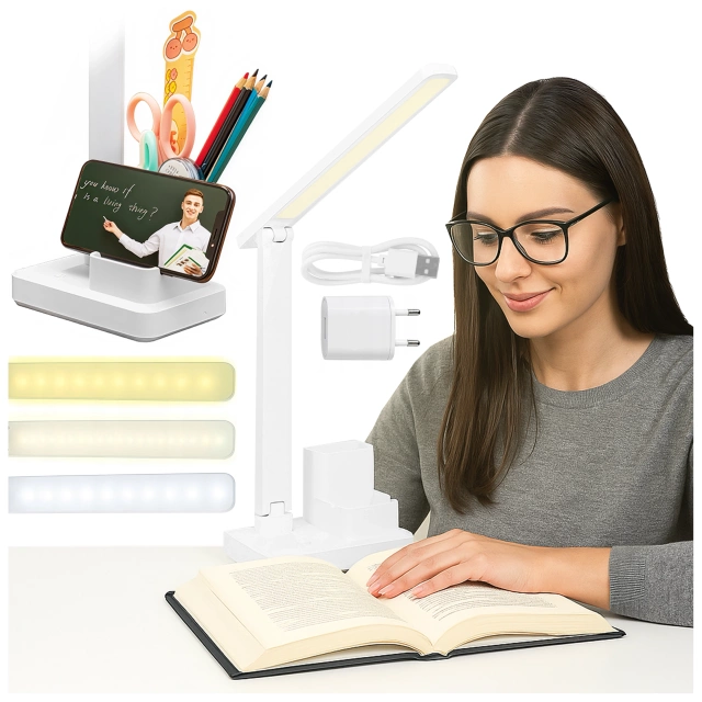Lampka biurkowa nocna LED – akumulator 2400 mAh, organizer na długopisy i telefon, regulowane światło, idealna na biurko i do nauki – Alogy Light&Organize™ Biała