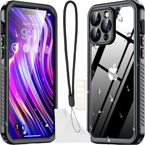 Hülle für iPhone 14 Pro Max, wasserdicht, gepanzert, 360-Grad-Hülle, Hybridlinse, Kameraschutz, IP68, wasserdicht, Schwarz
