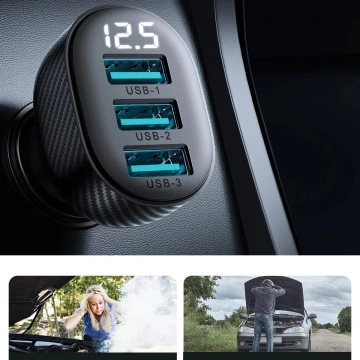 Автомобільний зарядний пристрій Joyroom JR-CCD03 3x USB-A 17 Вт з дисплеєм – чорний