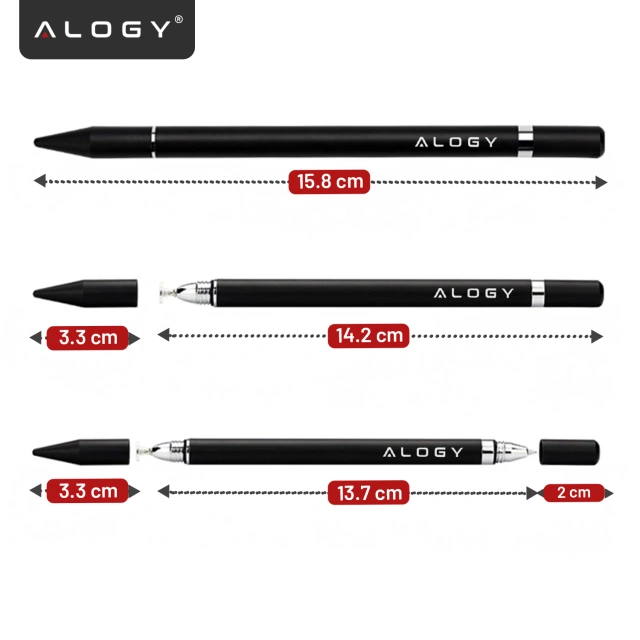 Alogy 2-in-1 capacitive touch stylus for phone tablet screen with pen Black