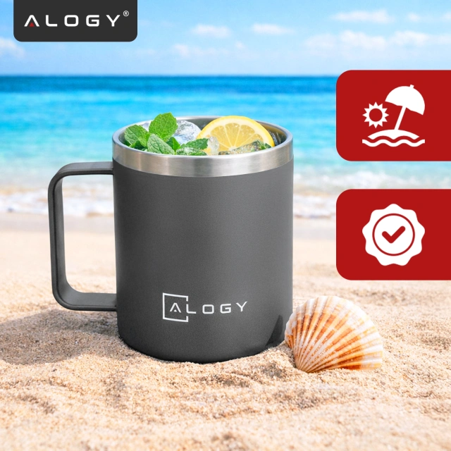 Thermo mug 420ml with handle lid for coffee tea steel cold and hot drinks Alogy Gray