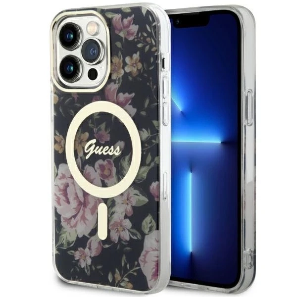 Etui na telefon Guess GUHMP14XHCFWSK до Apple iPhone 14 Pro Max 6,7" чорний/чорний жорсткий чохол Flower MagSafe