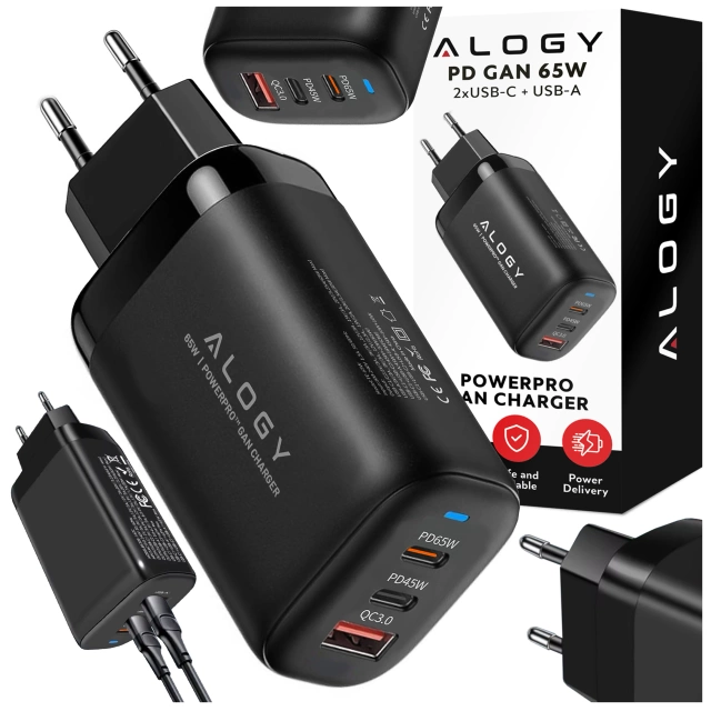 Ładowarka Sieciowa Szybka 3w1 do telefonu samsung iphone GaN3 65W PD i QC, Porty 2x USB-C 65W + USB-A 30W, Alogy GaNCharge Compact™ – Czarna