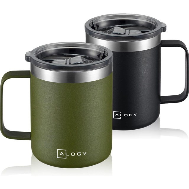 Набір термокружок 2 кружки Термокружка 420 мл з кришкою-ручкою для кави, чаю сталь Alogy Black Green