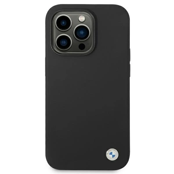 Pouzdro na telefon BMW BMHCP14LSILBK pro Apple iPhone 14 Pro 6,1" černo/černé silikonové kovové logo