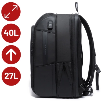 Bange voděodolný batoh na 15,6" notebook, městský cestovatel, 45x30x16 cm, do práce, do letadla, pánské, dámské, s USB portem Černá