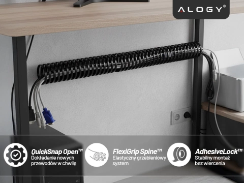 Pružinový organizér kabelů pod stůl – flexibilní samolepicí kryt na kabely 50×4 cm – Alogy CableStrip™ Black