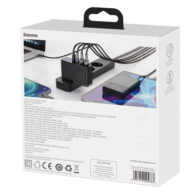 Baseus GaN2 Pro nástenná nabíjačka, 2x USB, 2x USB-C, 100W, EU (čierna)