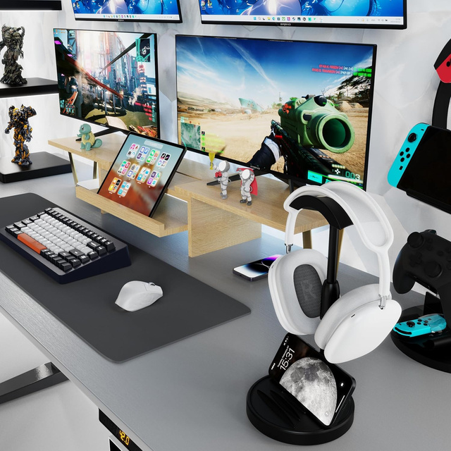 Desk Stand Headphone Hook Holder Adjustable for Desk with Phone Stand Hanger Hook Alogy Black