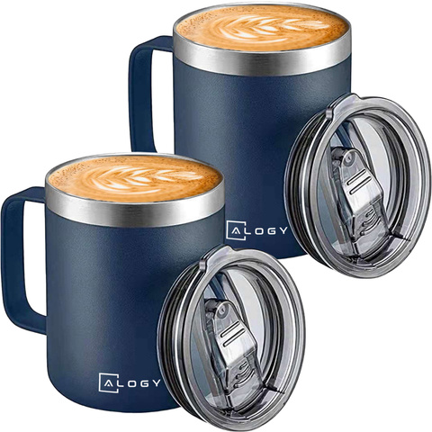 Thermal mugs set of 2 mugs Thermal mug 420ml with handle lid for coffee tea steel Alogy navy blue