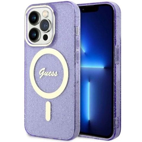 Guess GUHMP14LHCMCGU Phone Case for Apple iPhone 14 Pro 6.1" Purple/Purple Hardcase Glitter Gold MagSafe