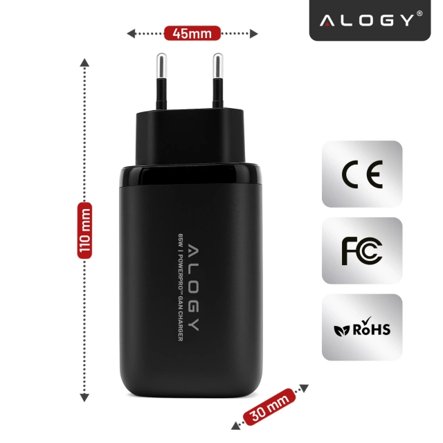 Ładowarka Sieciowa Szybka 3w1 do telefonu do Samsung do iPhone GaN3 65W PD i QC, Porty 2x USB-C 65W + USB-A 30W, Alogy GaNCharge Compact™ – Czarna