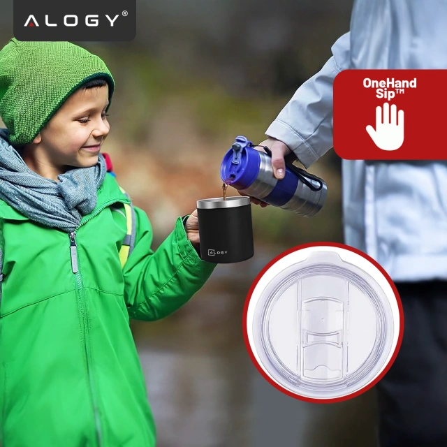 Kubek termiczny 420ml z uchwytem pokrywką na kawę herbatę stalowy zimne i ciepłe napoje Alogy Czarny