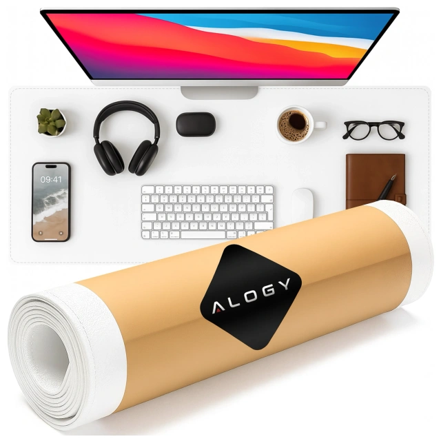 Schreibtischunterlage 90 × 45 cm – rutschfeste Schutzmatte aus elegantem PU-Kunstleder, für Maus und Tastatur, stilvoll und langlebig – Alogy WorkMat™ Weiß
