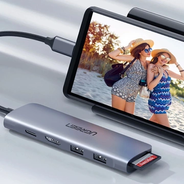 Ugreen CM195 ​​​​Adaptér USB-C HDMI USB-A SD TF PD 100W Hub 6v1 sivý