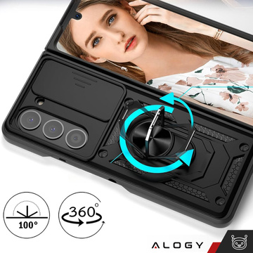 Gepanzerte Hülle für Galaxy Z Fold 5 Camshield Case Ring Alogy Stand mit verschiebbarer Kameraabdeckung, schwarz