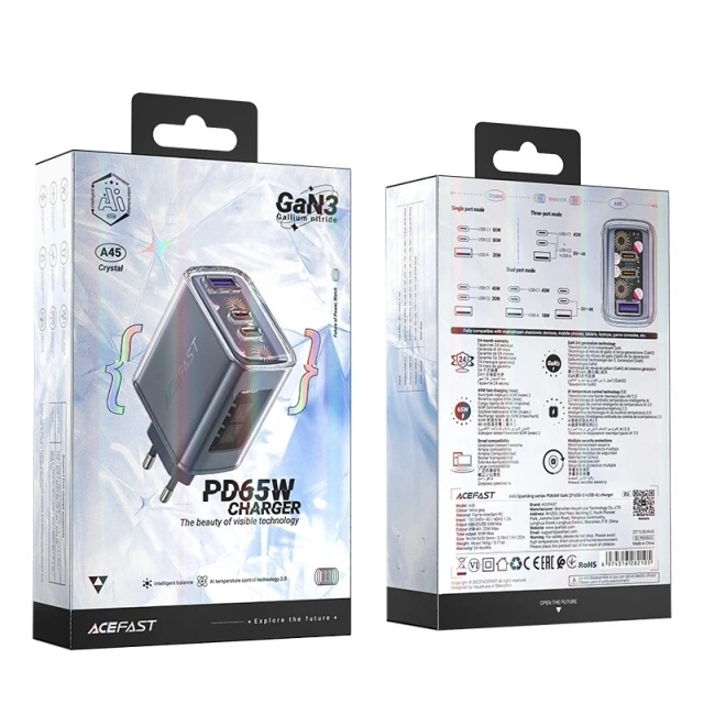 Зарядний пристрій Acefast A45 GaN 65 Вт, 3 USB-порти (1xUSB, 2xUSB-C), сірий