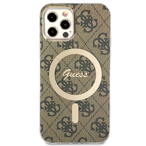Zestaw Guess GUBPP12MH4EACSW Nabíjačka puzdra iPhone 12/12 Pro brązový/hnedý pevný obal 4G MagSafe Print