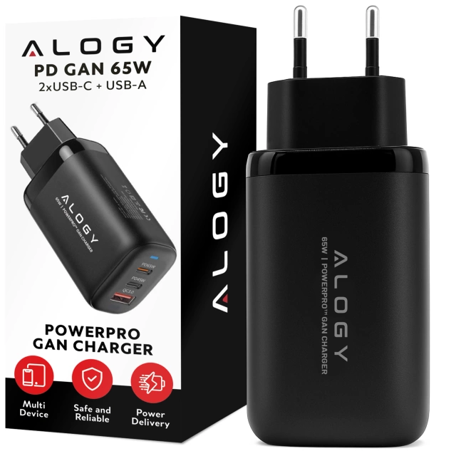 Alogy GaNCharge Kompaktes 3-in-1-Wandladegerät, schnelles Laden, GaN3, 65 W, USB-A, 30 W, 2 x USB-C, 65 W, Schwarz