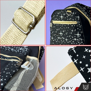 3in1 backpack school urban youth school bag pencil case cosmetic bag keychain teddy bear capacious women's Black with stars Alogy