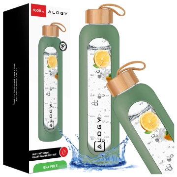 Alogy Large Glass Bottle Drinking Bottle Motivational Measuring Cup 1l 1000ml Silicone Case Olive