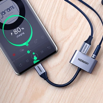 Зарядний адаптер Ugreen CM193 USB-C на 3,5 мм Mini Jack USB-C сірого кольору
