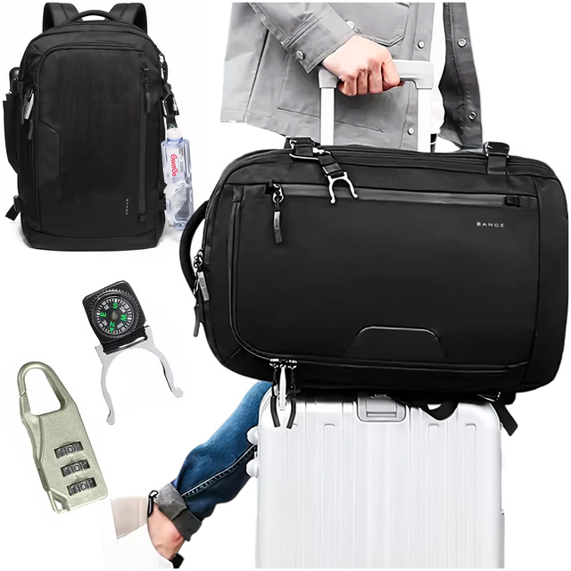 Bange Vodotěsný batoh pro 15,6" notebook City Traveler Rozšiřitelný 55 x 35 x 21-27 cm pro Letadlo Pánské Dámské Visací zámek Kompas klip na láhev Černá