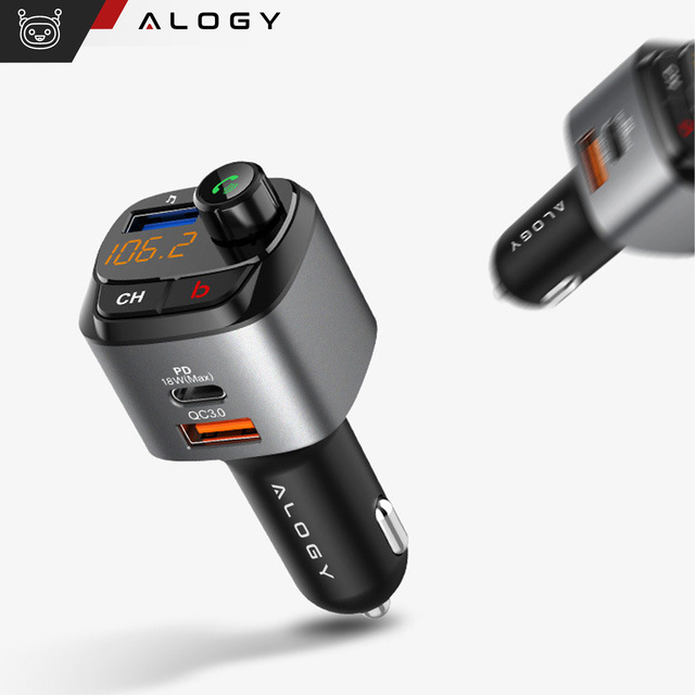 Alogy FM vysielač do auta USB nabíjačka QC 3.0 USB-C PD Bluetooth MP3 prehrávač 1m kábel USB-C do púzdra Lightning