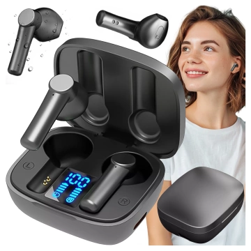 Бездротові навушники Alogy TWS Bluetooth 5.0 LED із зарядним футляром IPX5, зарядним портом USB-C, чорними